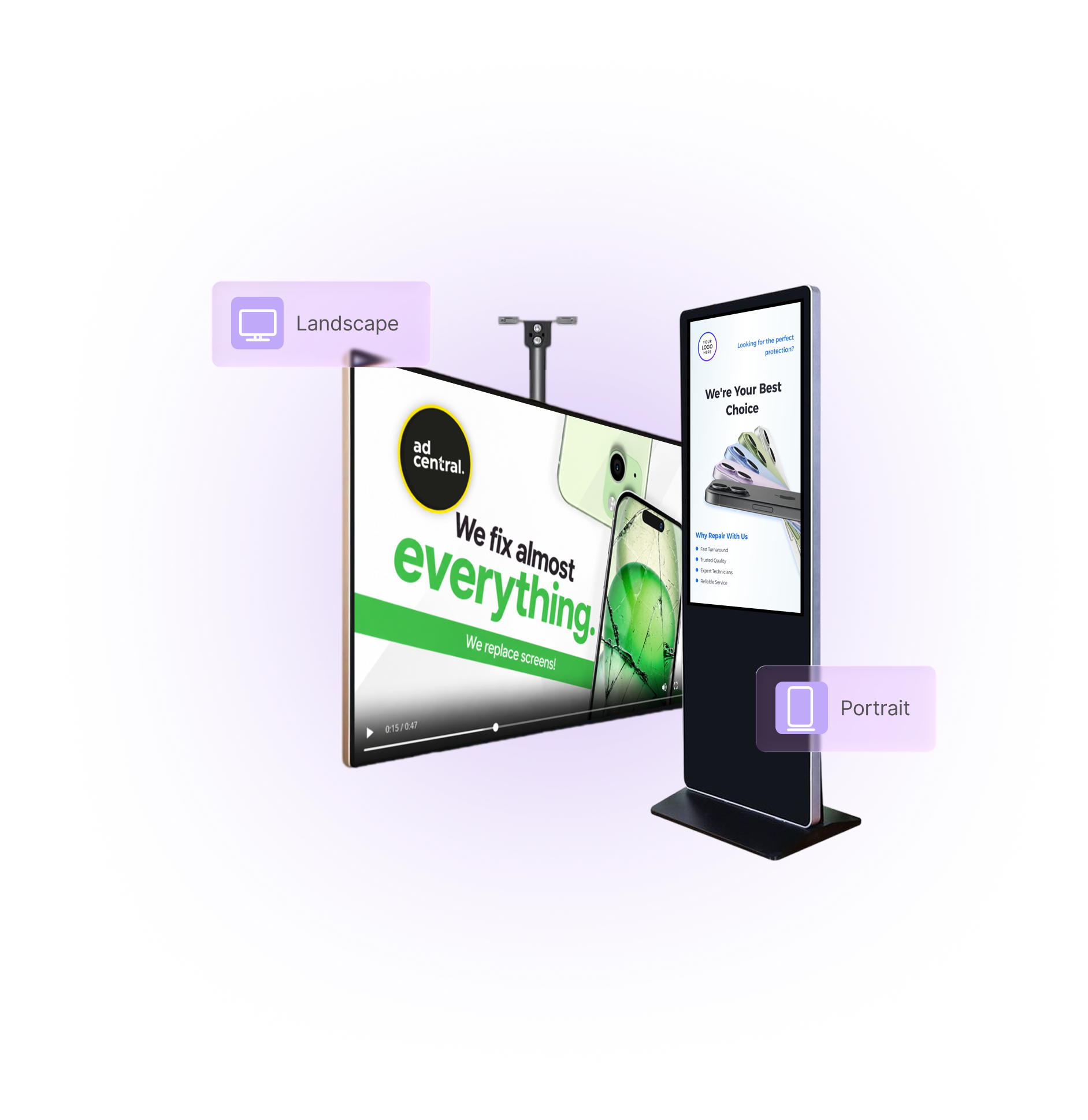 The same promotional content displayed on a landscape screen and a portrait digital display.