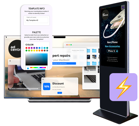 Animated AdCentral TV template shown on a screen and digital sign